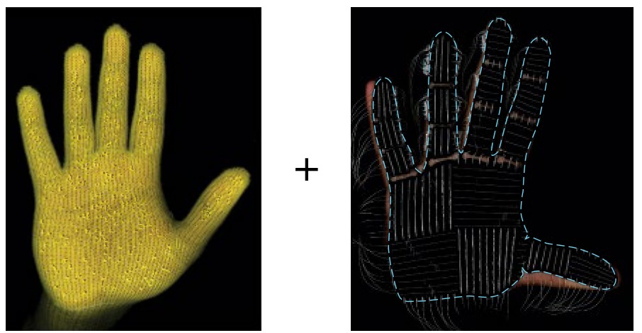 A knitted glove covered by a dense array of tactile sensors